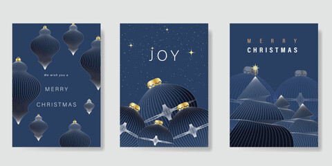 Merry Christmas and Happy New Year greeting card vector set. Luxury invitation with Christmas tree, leaves, sparkle, spot texture on navy blue background. Design illustration for season's card, ads.