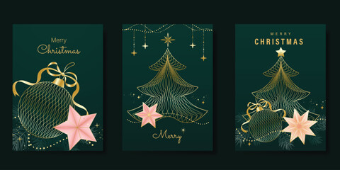 Merry Christmas and Happy New Year greeting card vector set. Luxury invitation with Christmas tree, leaves, sparkle, spot texture on green background. Design illustration for season's card, ads.