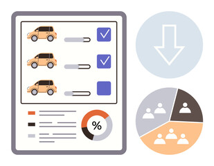 Car list with progress bars, checkmarks, and pie chart alongside a download arrow. Ideal for car selection, analysis, decision-making, data presentation, research comparison visualization. Simple