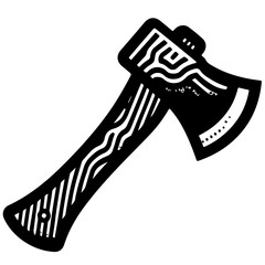 Illustration of a black axe with a wooden handle and decorative lines on a white background art