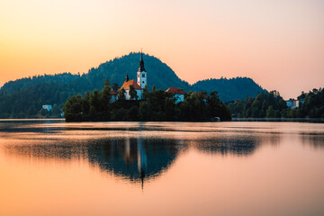 Bled, Slovenia. Lake Bled with the Church of the Assumption of Maria and Julian Alps in the...