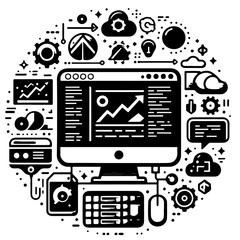 Illustration of a computer screen displaying a graph with clouds and gears surrounding it in black and white