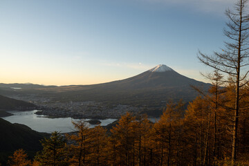 Fototapeta premium 紅葉する秋の新道峠から眺める美しい富士山