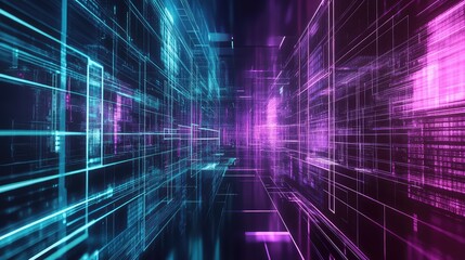 Digital data stream flowing through futuristic neon cyberspace tunnel