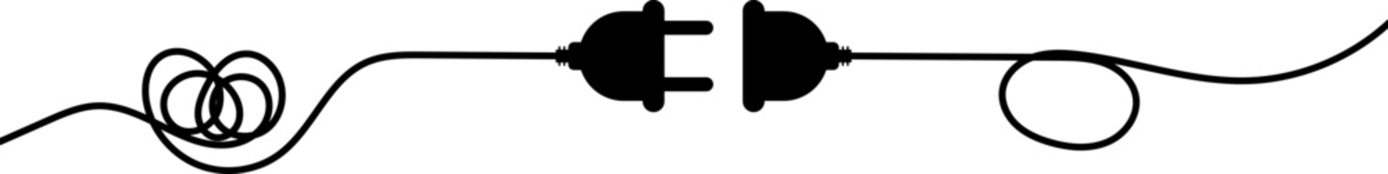 Simple black and white illustration of an electrical plug and socket