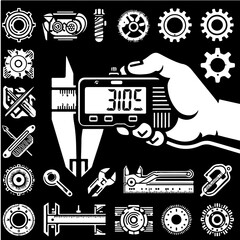 Obraz premium Illustration of a hand holding calipers with gears and tools displayed in a black and white design