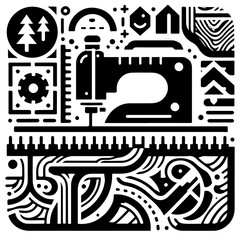 Detailed black and white illustration of a sewing machine with trees, gears, and abstract designs around it
