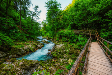 Obraz premium Wooden walkway through the Vintgar gorge near Bled lake in Slovenia, breathtaking views of the Radovna river
