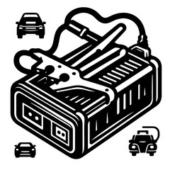 Black and white graphic of a car battery charger with jumper cables and three cars around it
