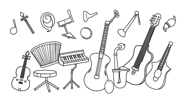 Musical instrument - Violin, drum, accordion, percussion, electric piano, guitar, rhythmix, horn, saxophone, balalaika, maracas. Cute cartoon musical instruments.coloring book. Outline silhouette line