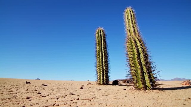 Two tall cacti stand in a vast, light beige desert
