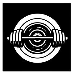 Illustration of a white barbell with weights set against a circular target on a black background design