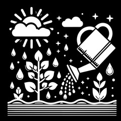 Illustration of a plant being watered with a watering can under the sun and clouds with rain drops falling