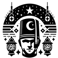 Illustration of a man wearing a fez with a crescent moon surrounded by stars and lanterns in black and white