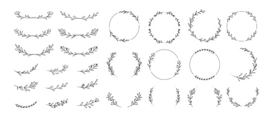 line wreath hand drawn with flower and leaf branch for wedding banner , botanical logo template  © babeer