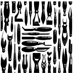 Detailed monochrome illustration of various sculpting tools arranged in a seamless pattern design