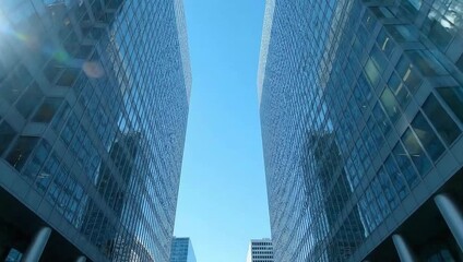 Towering Glass Skyscrapers Against Blue Sky – Modern City Business District - Powered by Adobe