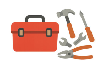 Red toolbox displaying various handyman tools like a hammer, wrench, screwdriver, and pliers, ideal for home repair concepts