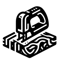 A black and white illustration of a jigsaw cutting a piece of wood with a visible wood grain pattern