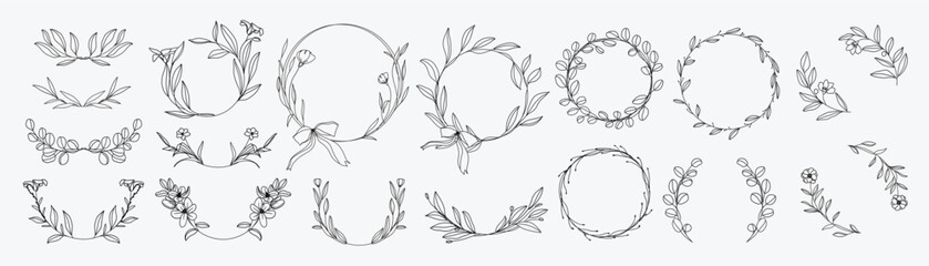 line wreath hand drawn with flower and leaf branch for wedding banner , botanical logo template 