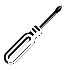 Illustration of a black and white screwdriver with a handle and a pointed tip on a white background