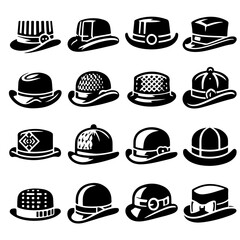 Collection of sixteen stylized black and white hats with varying shapes and decorative elements displayed neatly