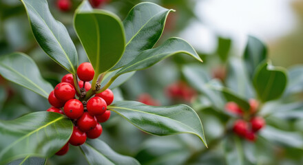 Vibrant Christmas holly with shiny red berries and lush green leaves, perfect for festive Christmas displays. Christmas theme is captured in detail, from color to composition, invoking holiday cheer.
