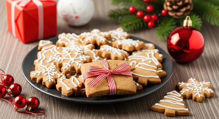 Christmas cookies with gift on a plate for holiday cheer. Christmas cookies display with gingerbread shapes and present brings seasonal spirit.