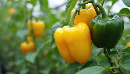 Yellow and green bell peppers grow on plant stems in greenhouse. Ripe vegetables ready for harvest. Healthy produce cultivated using modern farming tech.