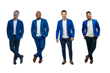 Diverse group of men standing in blue suits full length studio shot on white background showcasing professional business attire