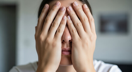 Depicting elimination of violence, a person covers their face with hands, conveying distress and vulnerability. This image highlights themes of personal struggle against violence.