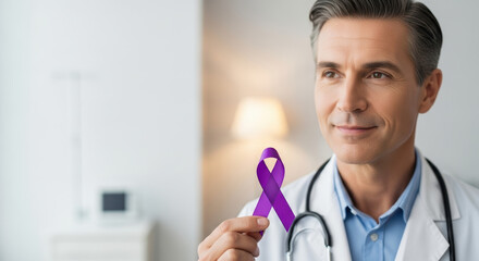 Doctor holds purple ribbon for Epilepsy Awareness Month. Epilepsy Awareness Month is represented by doctor's promotion of medical awareness and dedication.