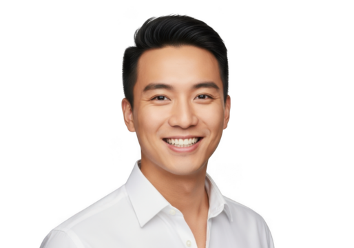 Smiling young asian man with dark hair wearing a crisp white collared shirt isolated on transparent background