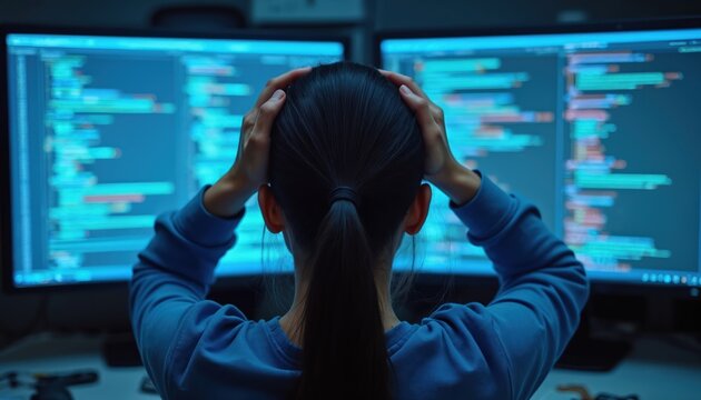 Person with hands on head looks at multiple computer screens showing code. Frustrated coder faces difficult task, late night work, difficult coding problem. Tech overload, complex data. Programmer