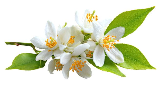 Delicate white orange blossoms with green leaves on transparent background
