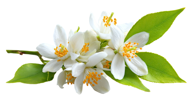 Delicate white orange blossoms with green leaves on transparent background