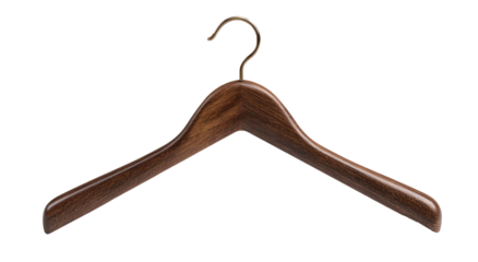 Elegant wooden coat hanger isolated with a golden hook on transparent background