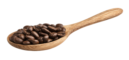 A wooden spoon filled with coffee beans on transparent background
