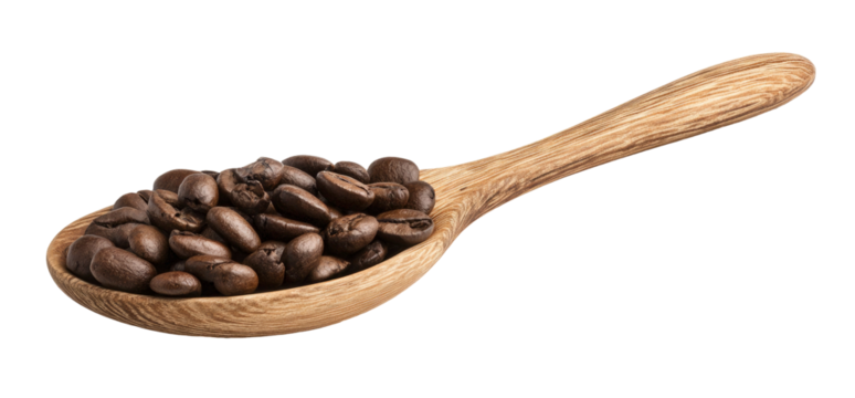 A wooden spoon filled with coffee beans on transparent background