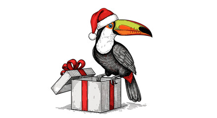 Naklejka premium Toucan in Santa Hat Peeking from Gift Box — engraving sketch, black and white vintage vector illustration