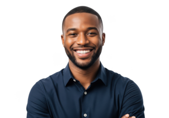 A smiling african american man with a neatly trimmed beard and short hair wearing a dark blue collared shirt isolated on transparent background