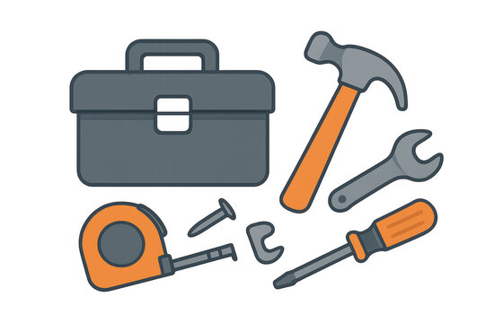 Toolbox with hammer, wrench, screwdriver, tape measure, and nail. Representing home repair, maintenance, and handyman services