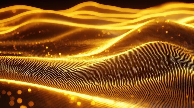 Digital golden waves forming flowing light particles - Powered by Adobe
