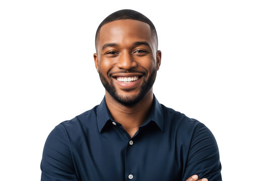 A smiling african american man with a neatly trimmed beard and short hair wearing a dark blue collared shirt isolated on transparent background