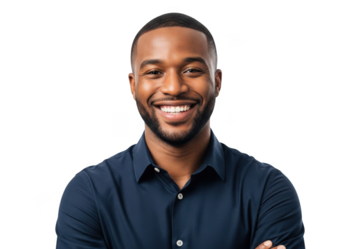 A smiling african american man with a neatly trimmed beard and short hair wearing a dark blue collared shirt isolated on transparent background