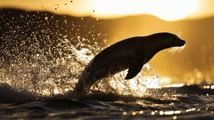A seal jumping out of the water against the backdrop of a sunset