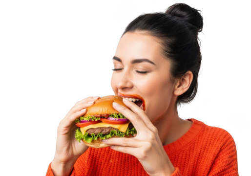 Young woman enjoying a delicious juicy hamburger with lettuce tomato cheese and beef patty isolated on transparent background