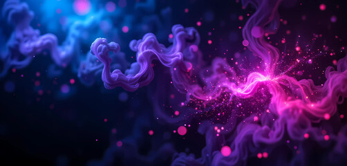 Dark Abstract Background with Glowing Bokeh, Magic Smoke, and Neon Particles