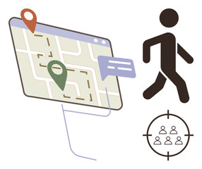Map interface with location pins, speech bubble, walking figure, and target icon. Ideal for navigation, GPS tracking, location services, communication, user targeting marketing simple flat metaphor