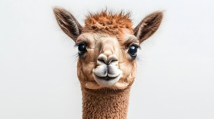 Fototapeta premium Adorable baby alpaca portrait featuring its curious eyes and soft brown fur set against a clean white background